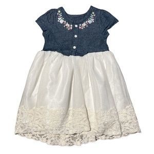 Baby Starters Chambray Embroidered Flowers Lace Dress Sz.‎ 12M